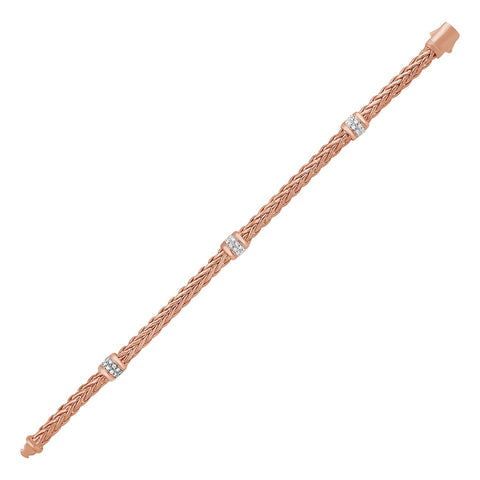 Polished Woven Rope Bracelet with Diamond Accents in 14k Rose Gold