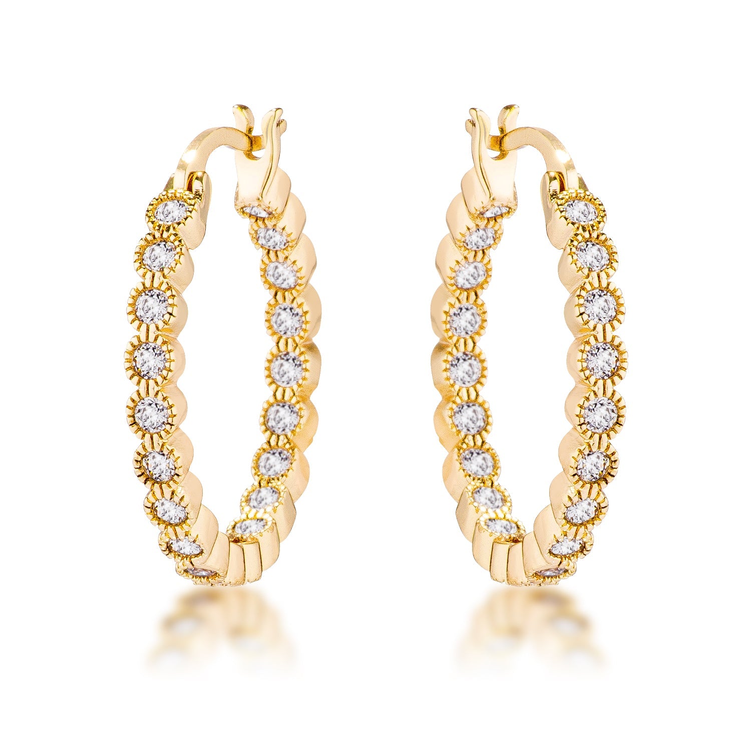 Gold Plated Dotted Clear CZ Round Bezel Hoop Earrings