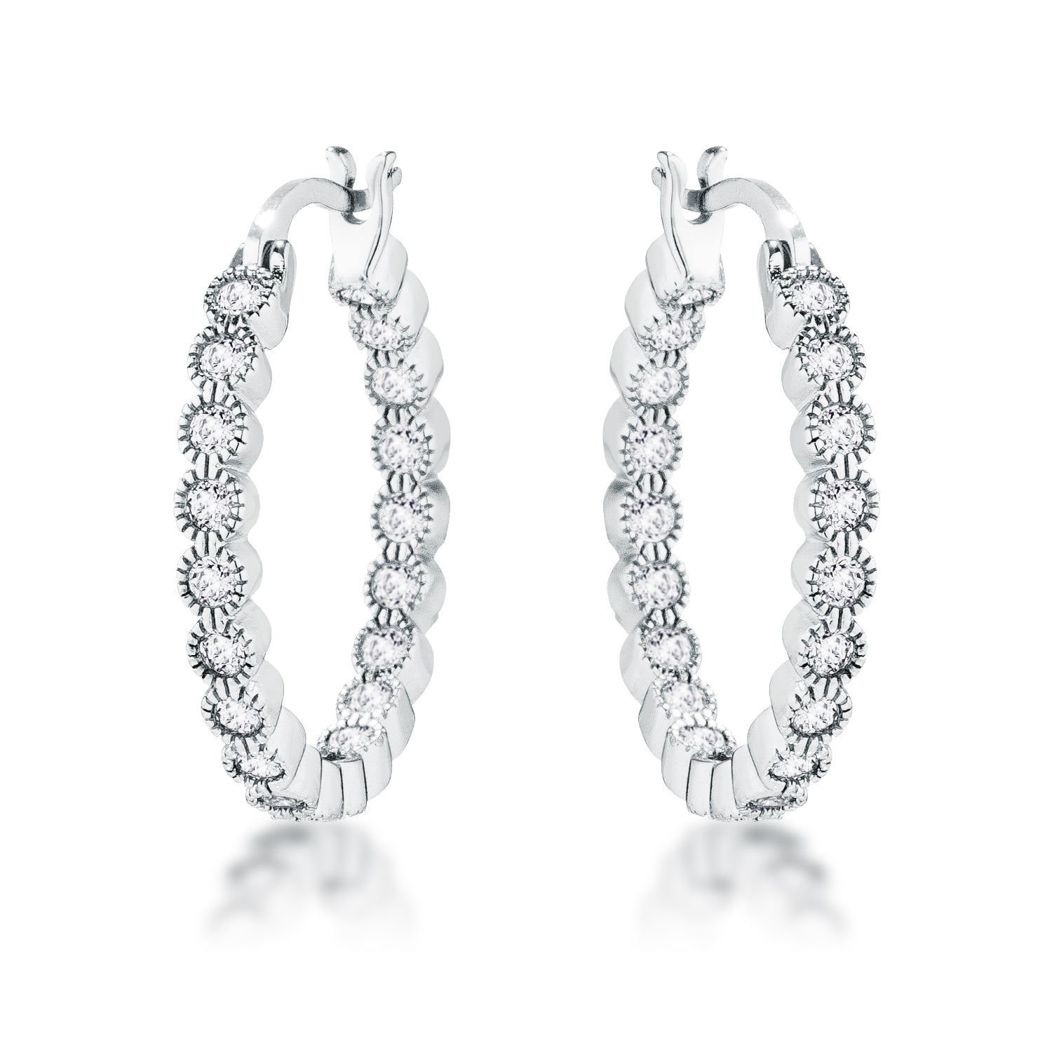 Rhodium Plated Dotted Clear CZ Round Bezel Hoop Earrings