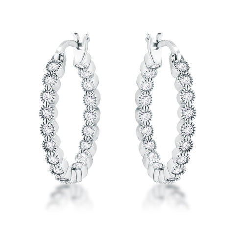 Rhodium Plated Dotted Clear CZ Round Bezel Hoop Earrings