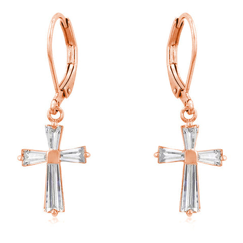 Rose Gold Plated CZ Cross Drop Earrings