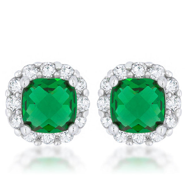 Liz 2ct Emerald CZ Rhodium Classic Cushion Stud Earrings