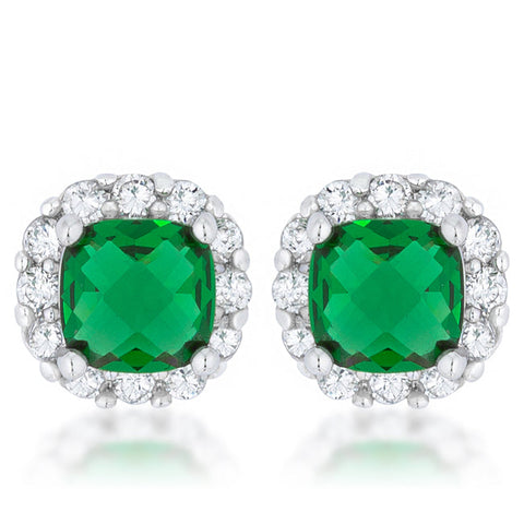 Liz 2ct Emerald CZ Rhodium Classic Cushion Stud Earrings