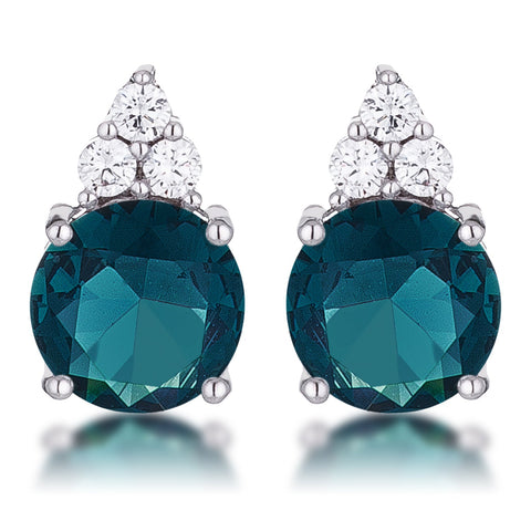 Simple Rhodium Plated 9mm Blue Green CZ Stud Earring