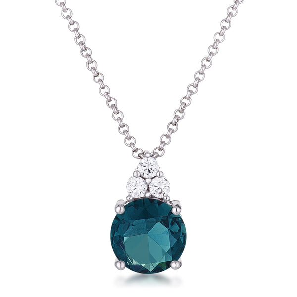 Simple Rhodium Plated 9mm Blue Green CZ Pendant