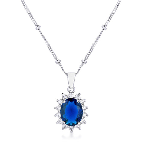 Rhodium Plated Sapphire Blue Petite Royal Oval Pendant