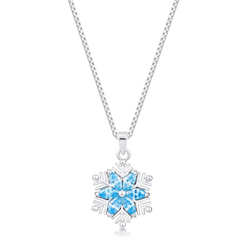 Rhodium Plated Brilliant Marquise Aqua Blue Snowflake Pendant