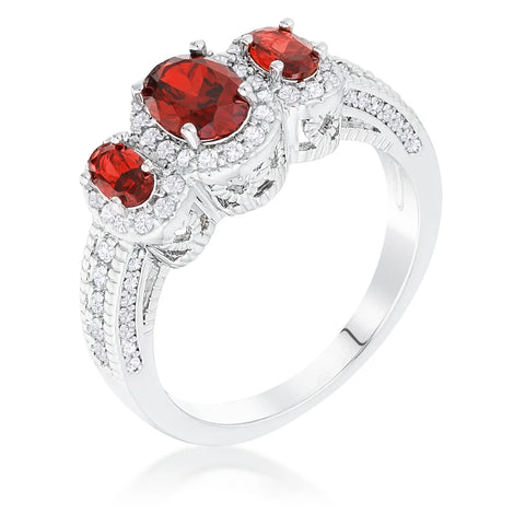 Rhodium Plated 3-Stone Garnet Oval Cut CZ Halo Ring