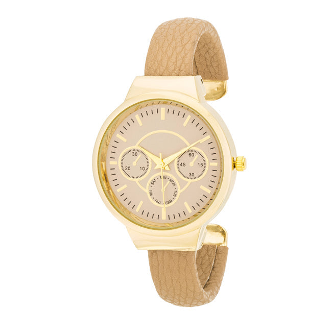 Reyna Gold Beige Leather Cuff Watch