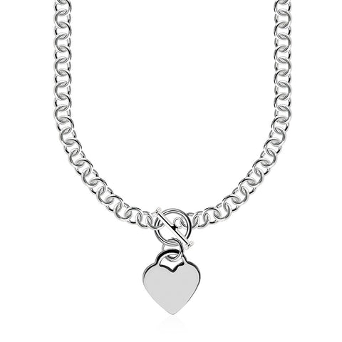 Sterling Silver Rolo Chain  with a Heart Toggle Charm and Rhodium Plating