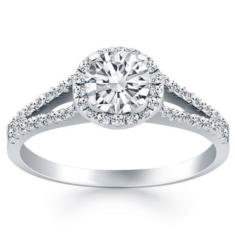 14k White Gold Diamond Halo Split Shank Engagement Ring