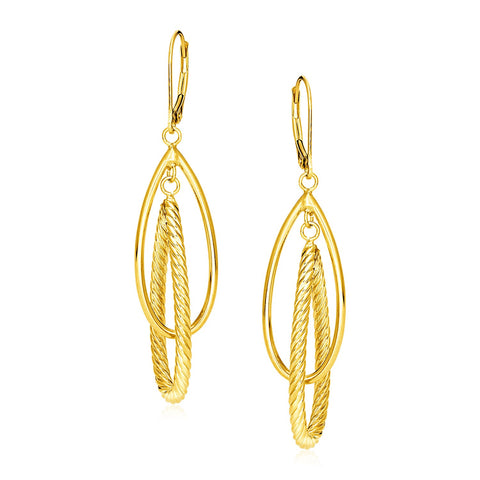 14k Yellow Gold Earrings with Shiny and Textured Teardrop Dangles