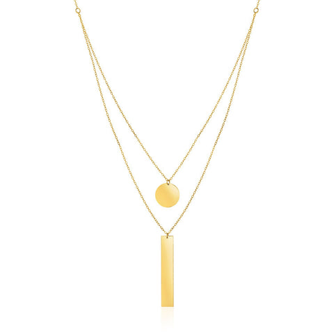 14k Yellow Gold 18 inch Two Strand Necklace with Circle and Bar Pendants