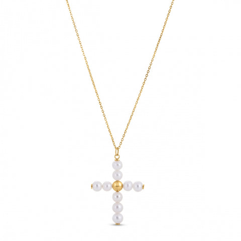 14k Yellow Gold Pearl Cross Pendant