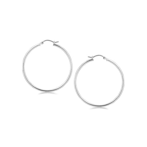 Sterling Silver Rhodium Plated Thin Large Polished Hoop Earrings (40mm)