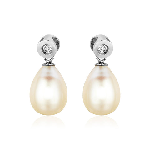 Sterling Silver Earrings with Pear Shaped Freshwater Pearls and Cubic Zirconias