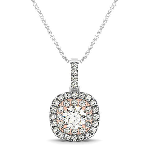 14k White And Rose Gold Cushion Shape Halo Diamond Pendant (1/2 cttw)