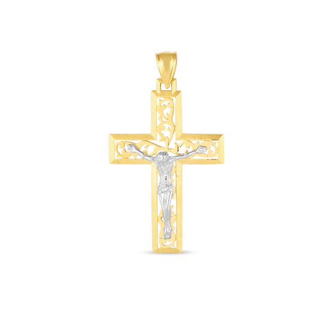 14k Two Tone Gold High Polish Diamond Cut Cross Pendant