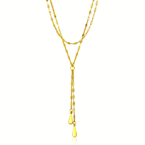 14k Yellow Gold Double Strand Chain with Puffed Heart Lariat Necklace