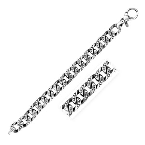 Sterling Silver Gunmetal Finish Cuban Link Bracelet with Dots