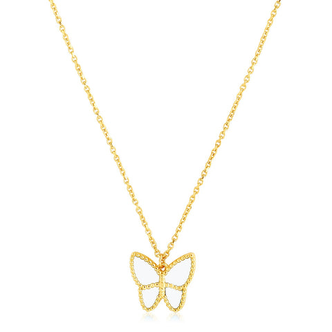 14k Yellow Gold High Polish Butterfly Peral Paste Necklace